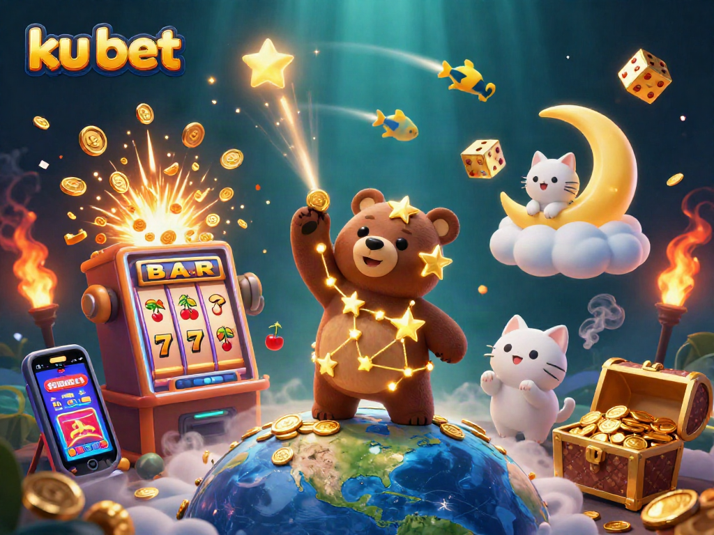 Engage with ku bet as the constellation bear scoops coins beneath a massive jackpot slot.