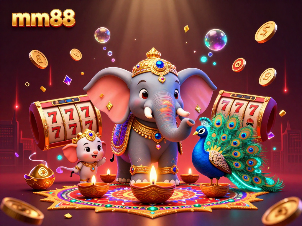 Experience the thrill at mm88 casino with vibrant characters, slot reels, and a festive atmosphere.