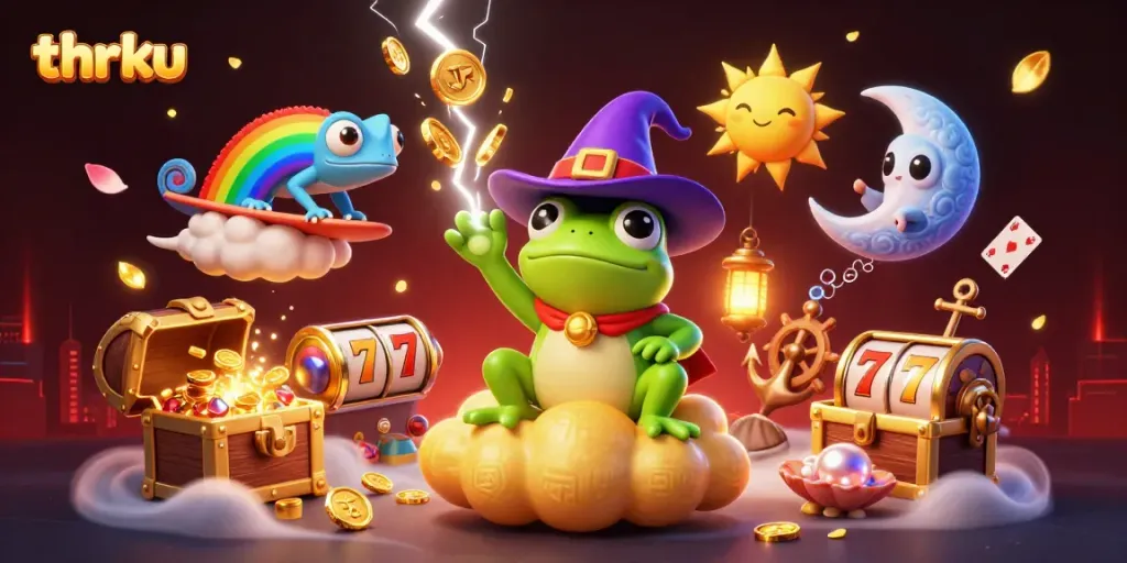 Experience thrilling slots on thrku as a wizard frog conjures coins and a chameleon surfs on a cloud.