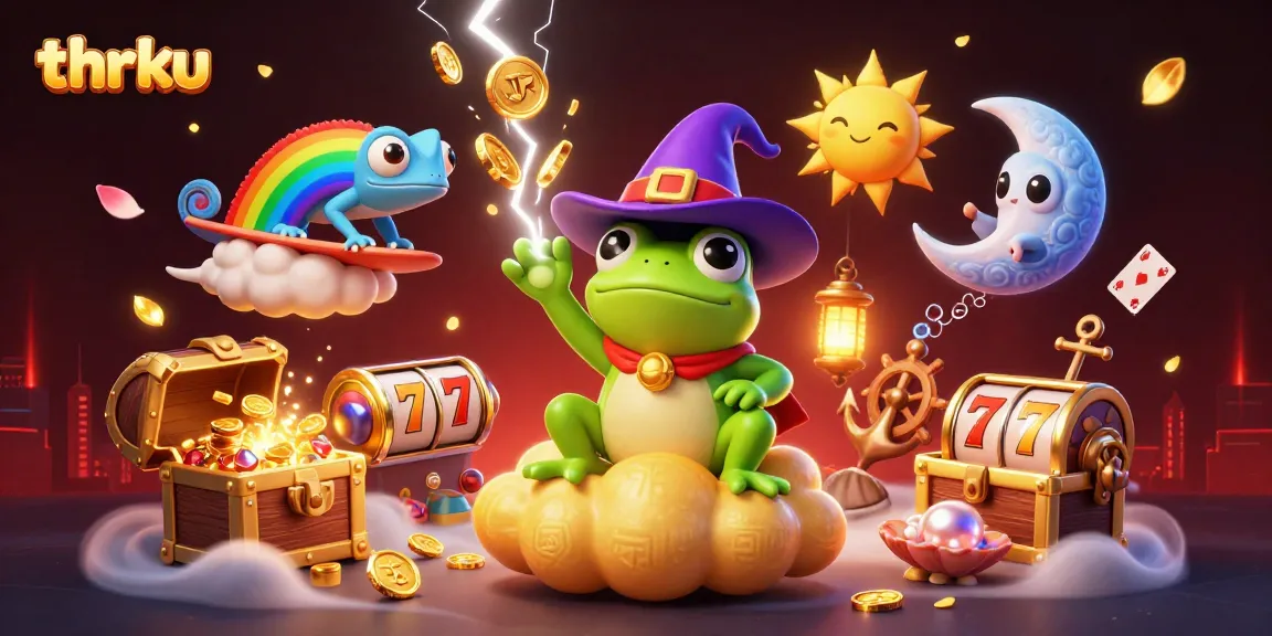 Experience thrilling slots on thrku as a wizard frog conjures coins and a chameleon surfs on a cloud.