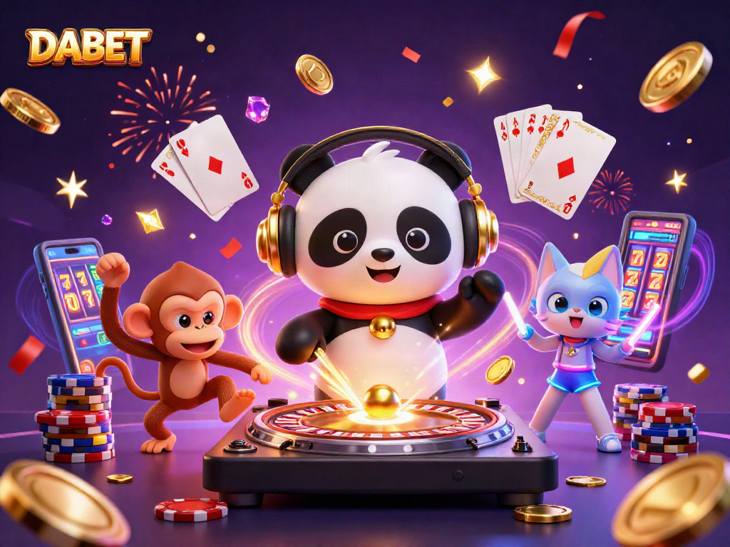 DABET showcases a vibrant casino scene with DJ panda, dancing monkey, and glowing kitten.