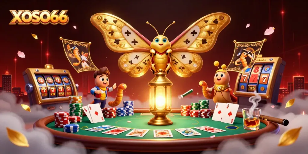 XOSO66 showcases a vibrant 3D casino scene filled with poker elements and a colorful atmosphere.