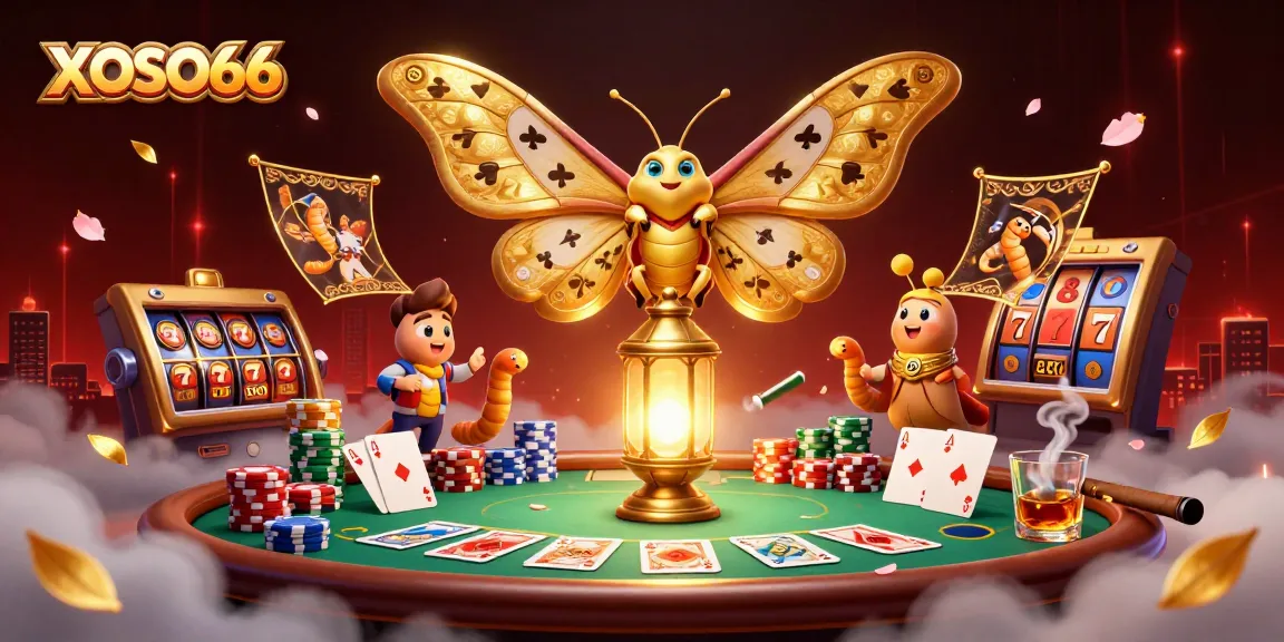 XOSO66 showcases a vibrant 3D casino scene filled with poker elements and a colorful atmosphere.