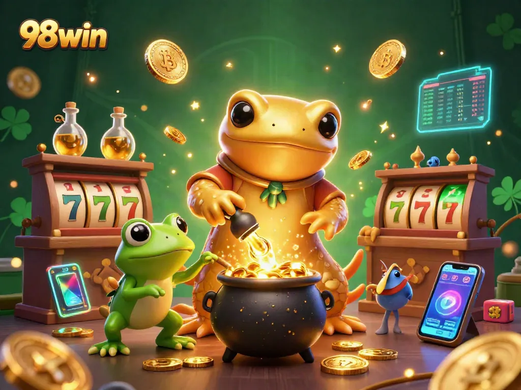 Engage with 98win’s vibrant gaming experience featuring gold coins, slot reels, and rich illustrations.