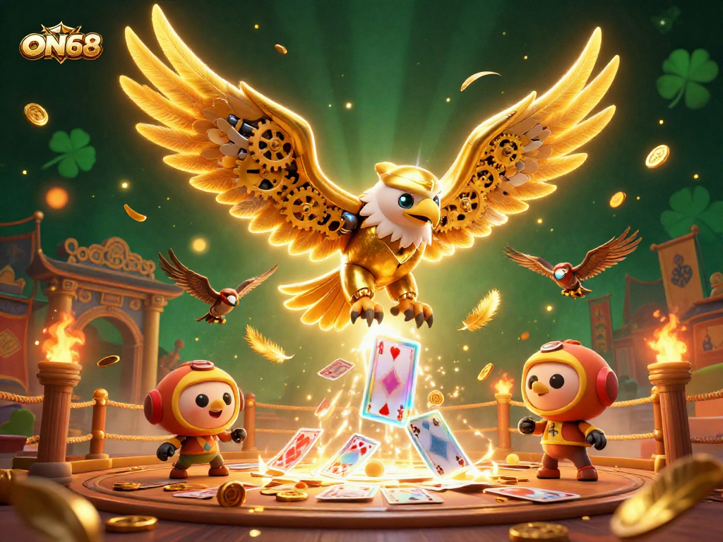 Experience thrilling gaming action with ON68's golden eagle amidst dynamic casino elements.