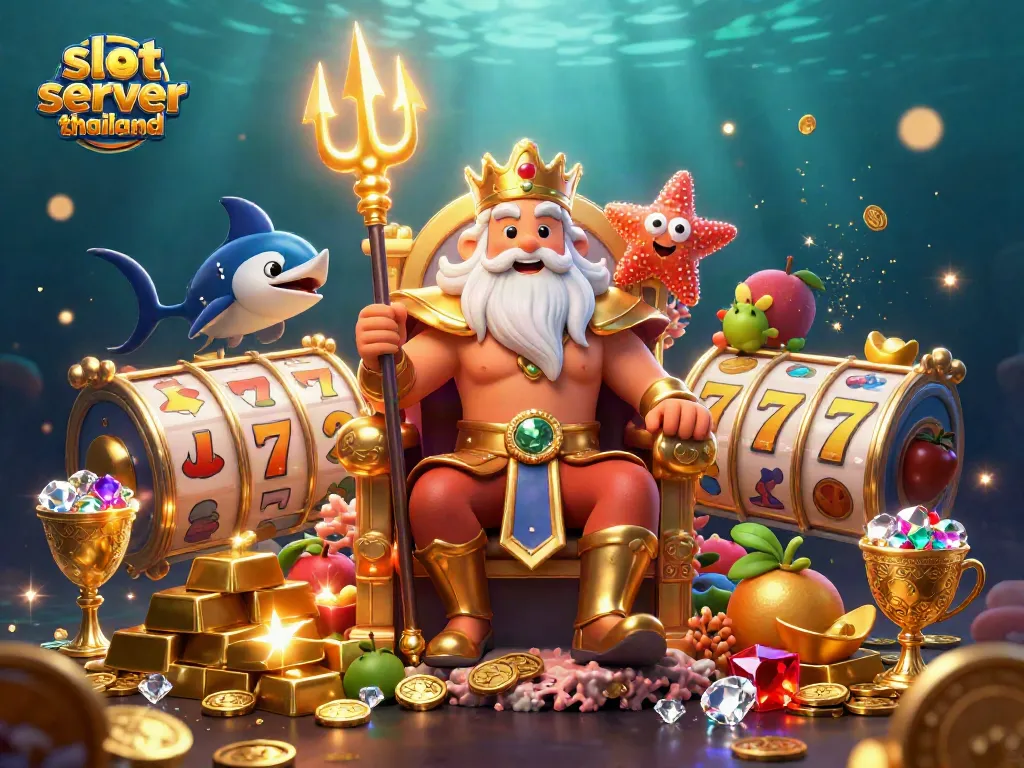 Experience the excitement of slot server Thailand with vibrant illustrations of Neptune and riches.
