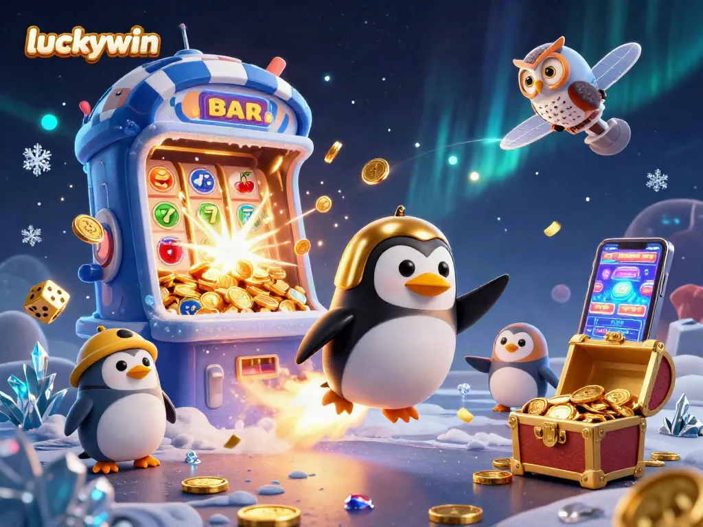 Experience the excitement of luckywin with a golden penguin and slot machine in a cinematic casino adventure.
