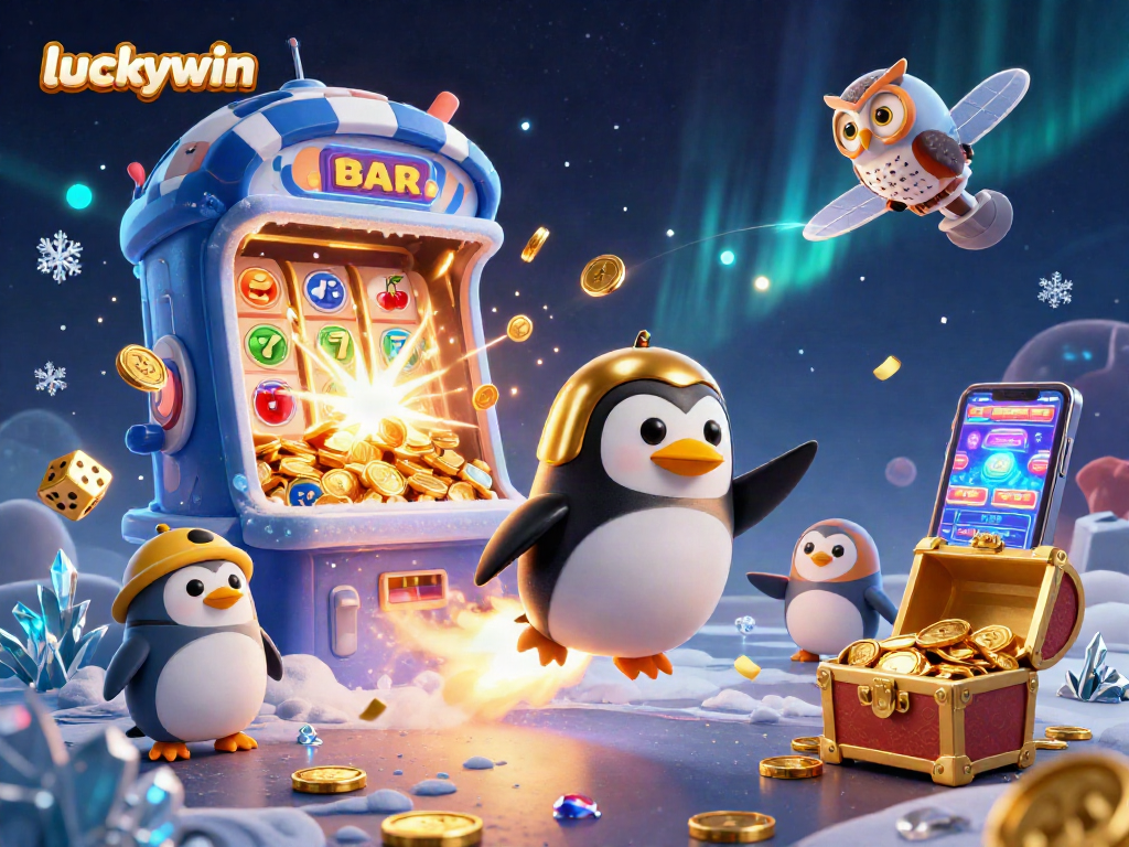 Experience the excitement of luckywin with a golden penguin and slot machine in a cinematic casino adventure.