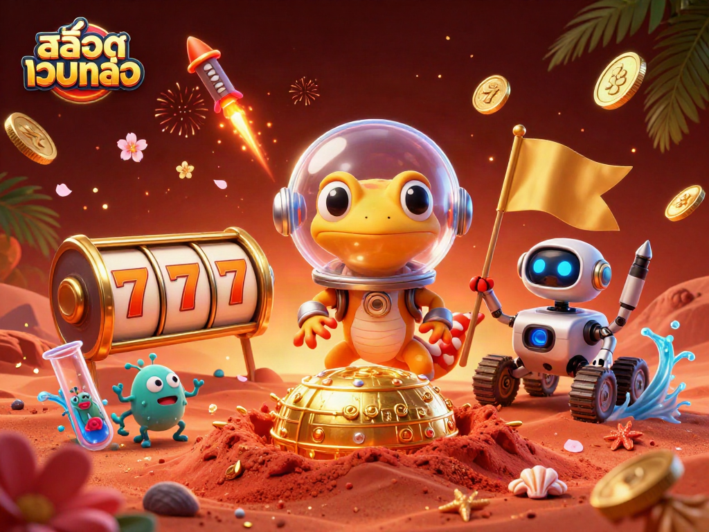 Win big with สล็อตเว็บตรง in this vibrant 3D casino illustration featuring Martian characters.