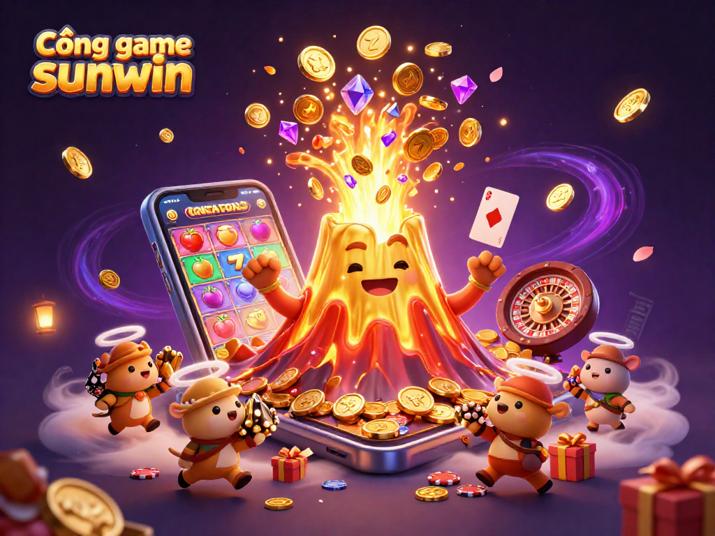 Cổng game sunwin với hình ảnh chiến thắng từ núi lửa vàng và kho báu đang được khám phá.