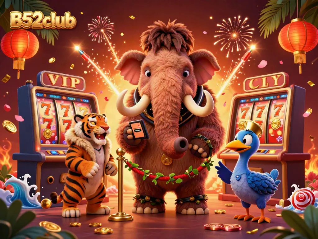 Experience the vibrant B52club casino scene with a woolly mammoth bouncer, saber-tooth VIP, and festive elements.