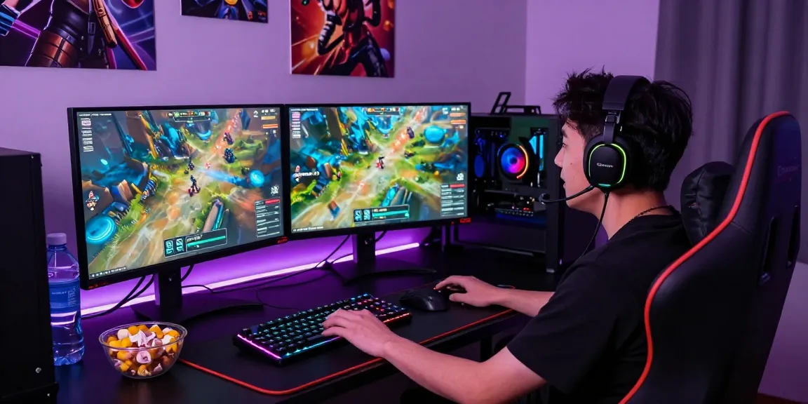 Engaged gamer utilizing cermin303 with dual monitors, RGB keyboard, and vibrant gaming setup.