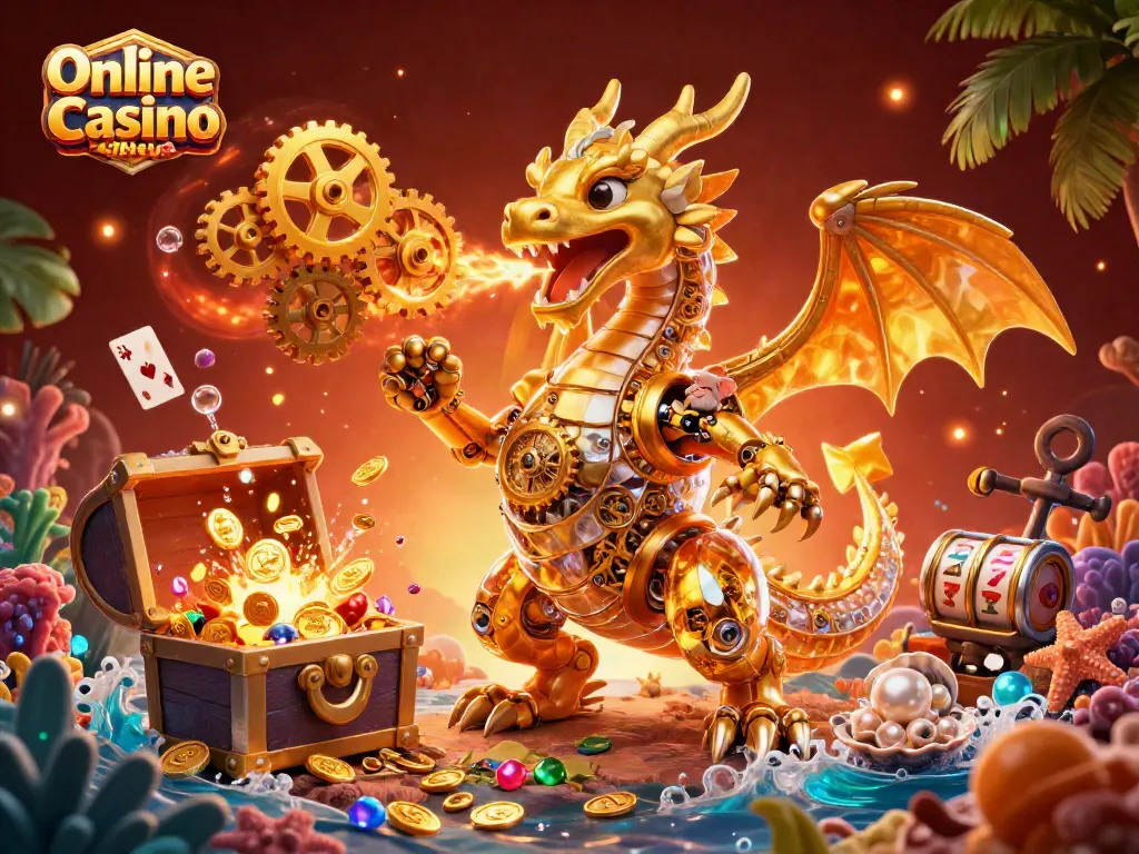 Experience thrilling games at Online Casino Alberta with animated dragon and casino treasures.