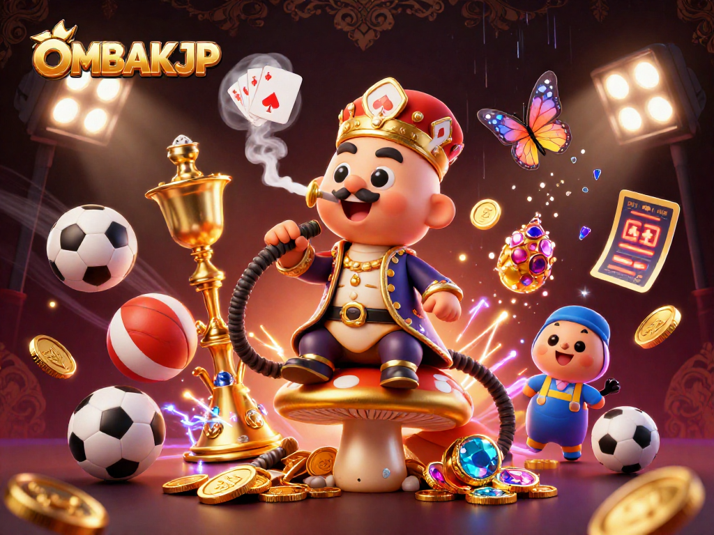 Engage with OMBAKJP's vibrant 3D casino universe featuring a colorful caterpillar and dynamic sports elements.