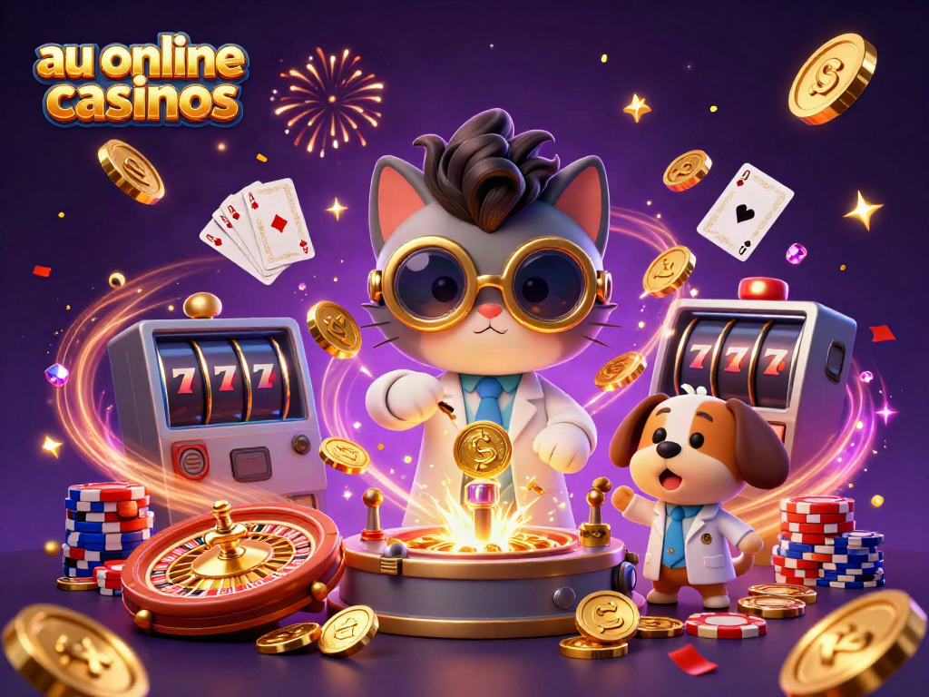 Experience thrilling action with au online casinos as a mad scientist cat and his assistant dog create a gold-replicating machine amidst dynamic casino elements.