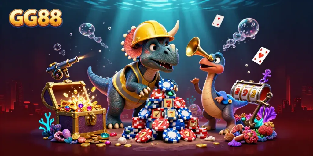 Celebrate betting wins with GG88 in a vibrant casino-themed scene featuring lively characters and games.