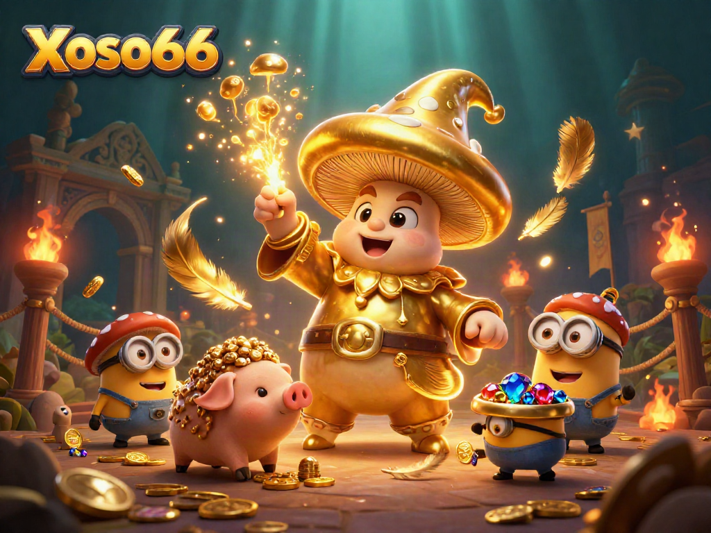 Xoso66 reveals a vibrant 3D illustration of a magical golden mushroom wizard and treasure-hunting pig in a casino setting.