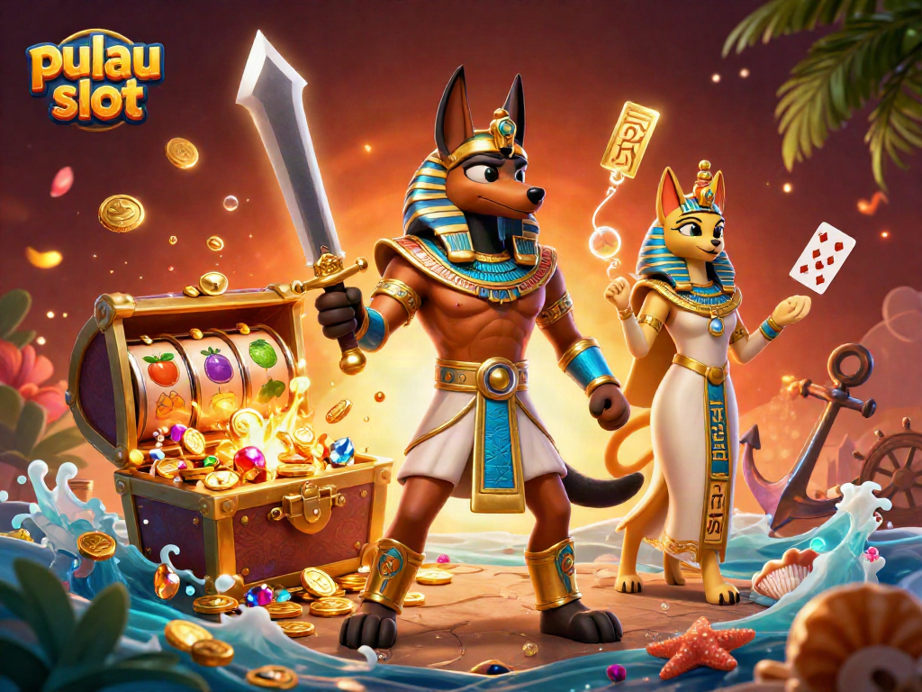 Engage with pulau slot in this vibrant 3D illustration featuring ancient Egyptian warriors and casino elements.