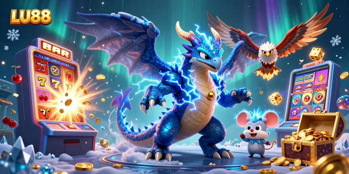 Experience the excitement of LU88 with dynamic casino elements bursting around stunning 3D characters.