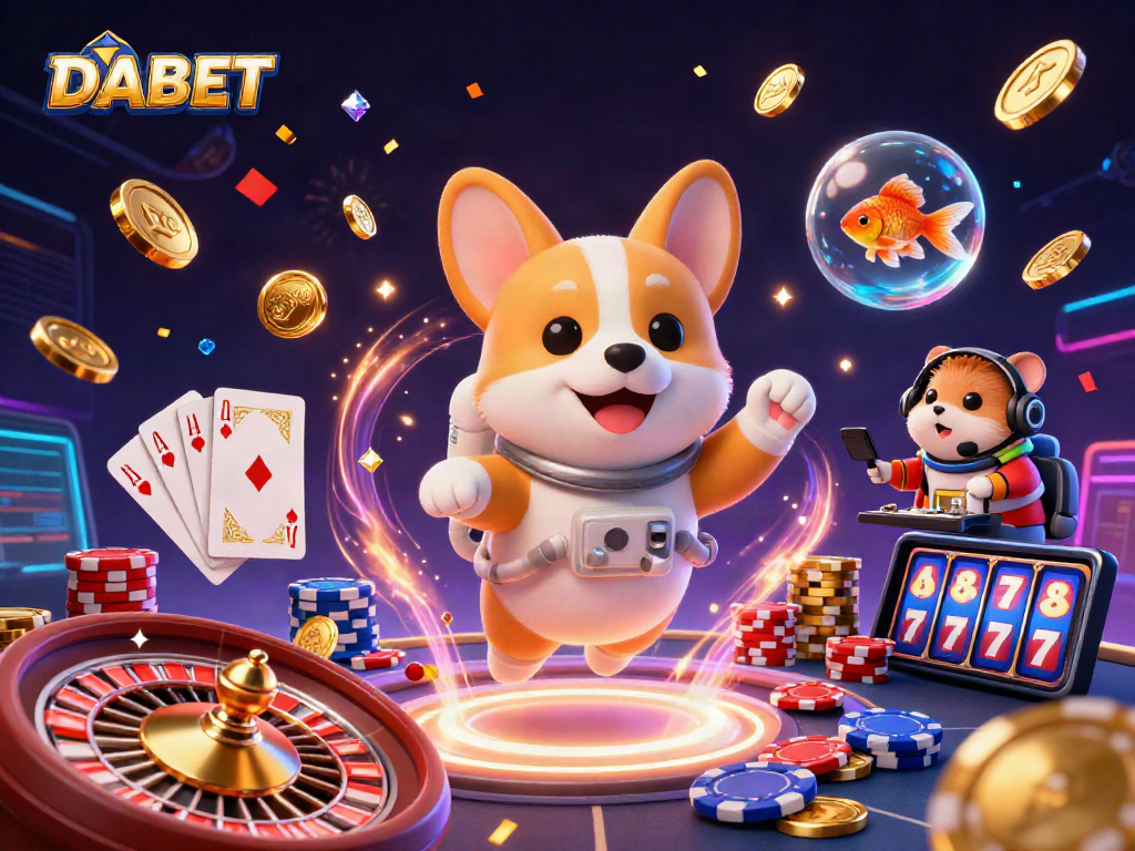 DABET brings excitement to players in a vibrant 3D casino scene featuring a floating corgi astronaut and cascading coins.