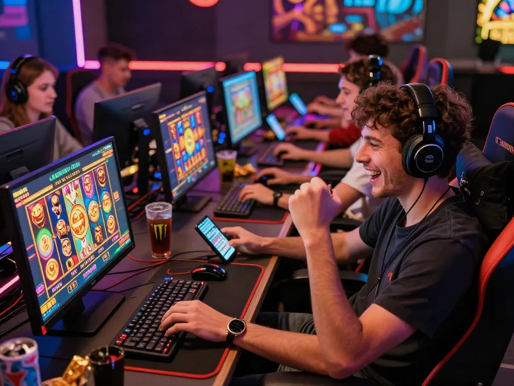 Engaging gaming scene showcasing diverse players enjoying slot gacor maxwin online, celebrating wins with excitement.