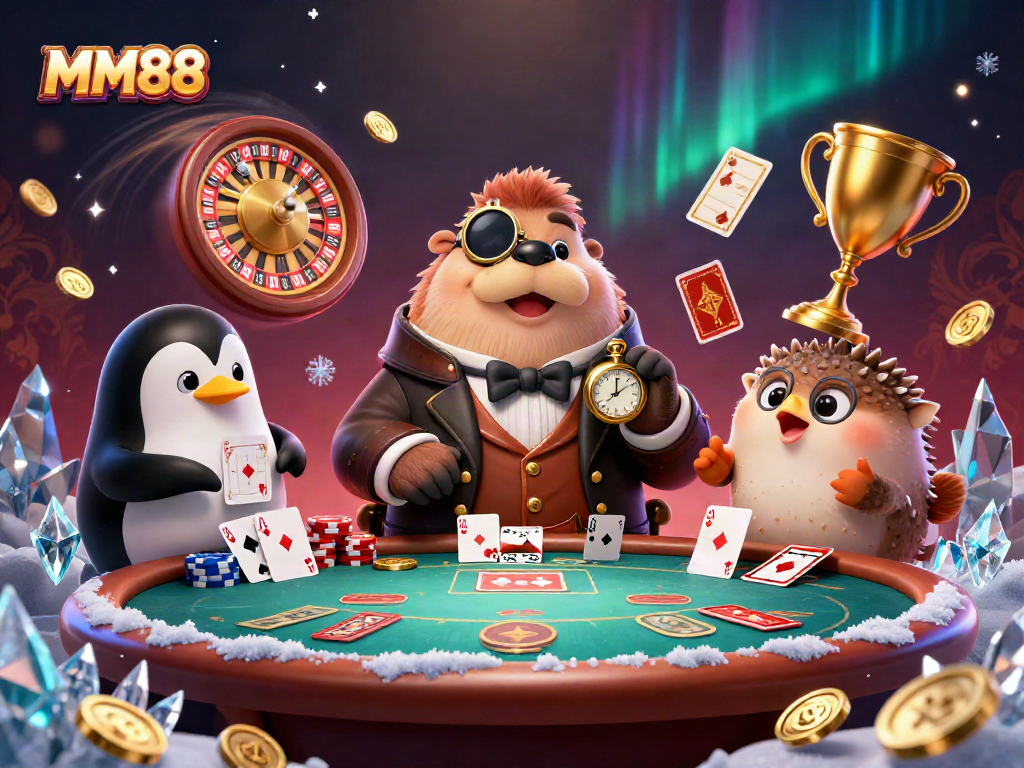 Enjoy poker fun with MM88 as a walrus plays under the sea with friends in a vibrant casino