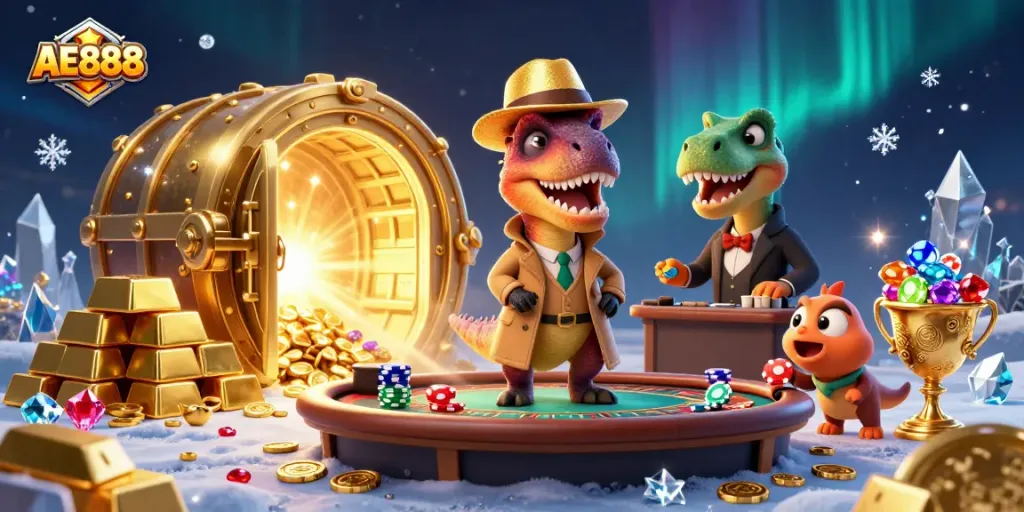 AE888 velociraptor card counter blending in at a blackjack table amidst treasure and excitement.