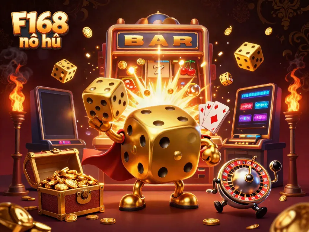 Experience F168 nổ hũ with a vibrant 3D casino scene bursting with excitement and gold.