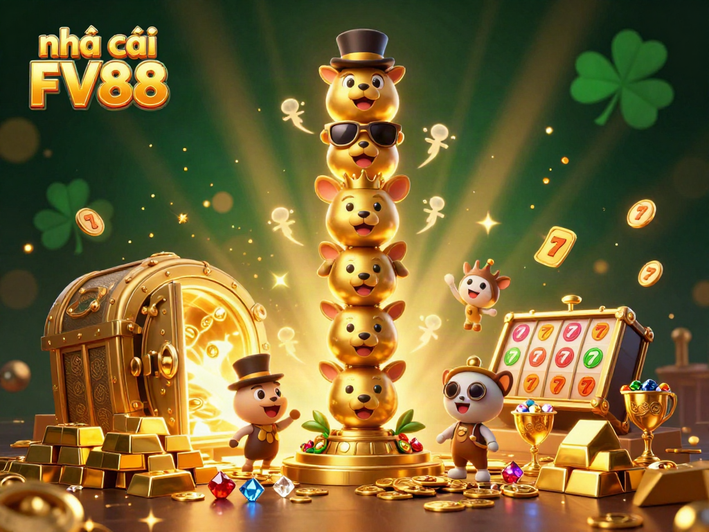 Engage with the spectacular world of nhà cái FV88, featuring vibrant casino elements and character-filled totem.