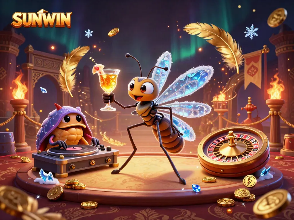 SUNWIN casino mascot brings excitement with a vibrant cocktail, surrounded by dynamic gaming elements.