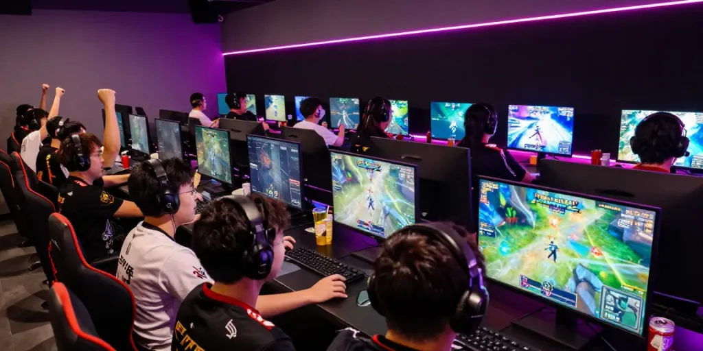 Juraganbola esports arena with gamers focused on intense gameplay, showcasing vibrant LED lights and teamwork.