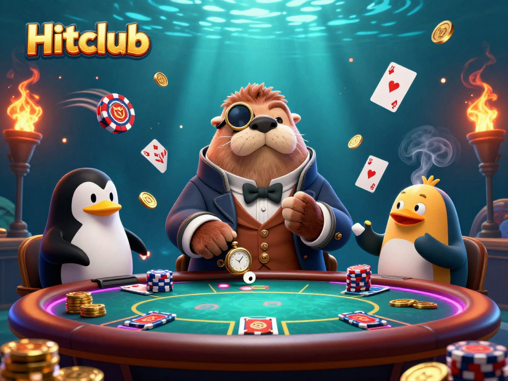Experience poker excitement with Hitclub's underwater scene featuring a walrus and penguin dealer.
