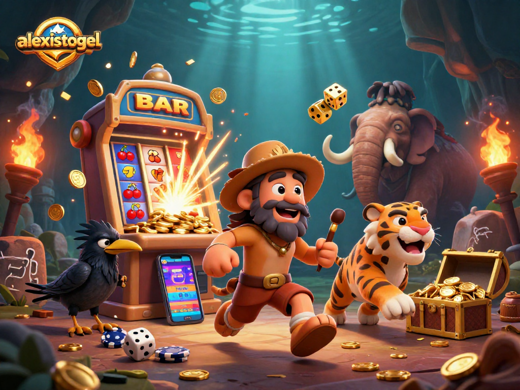 Menangkan dengan alexistogel, ilustrasi kasino prasejarah dengan dadu emas dan mesin slot 3D.