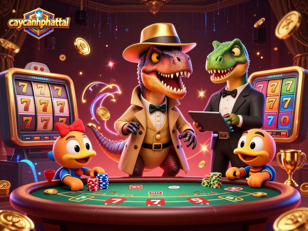 Engage with caycanhphattai at a vibrant blackjack table scene featuring a velociraptor card counter.