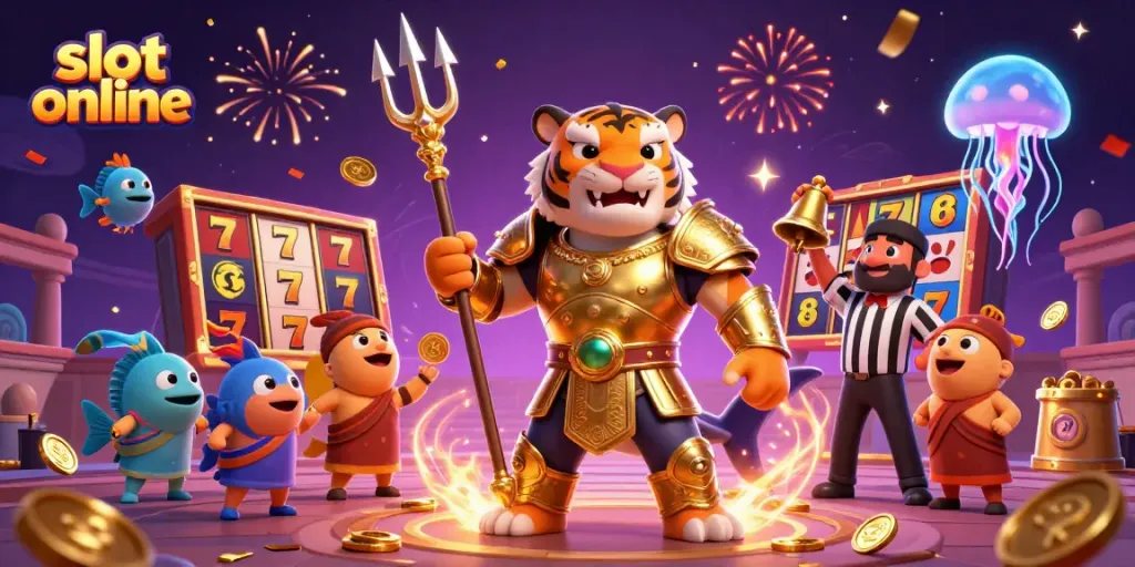 Spin to win with slot online games featuring a shark gladiator and vibrant casino elements!