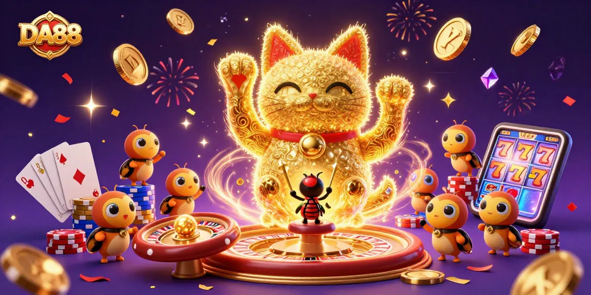 DA88 brings luck at the casino with golden fireflies forming a lucky cat amidst shimmering coins.