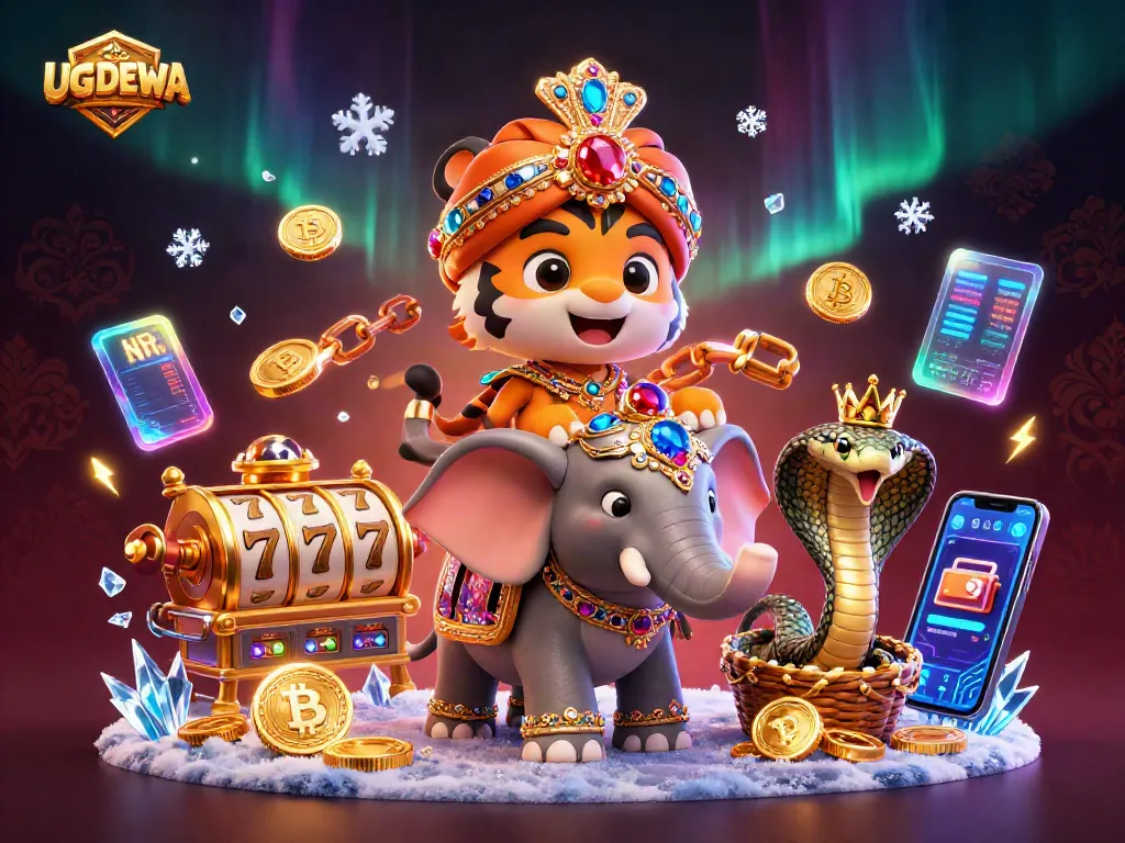 Spin and win with UGDEWA amidst vibrant slot reels and rich casino elements.