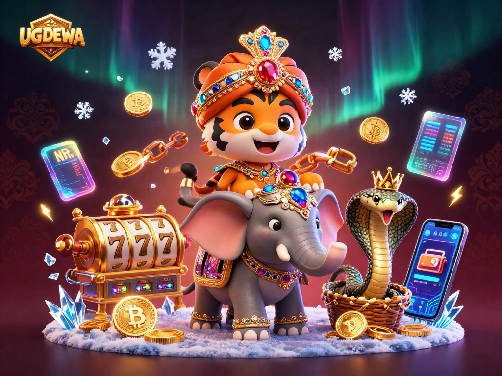 Spin and win with UGDEWA amidst vibrant slot reels and rich casino elements.