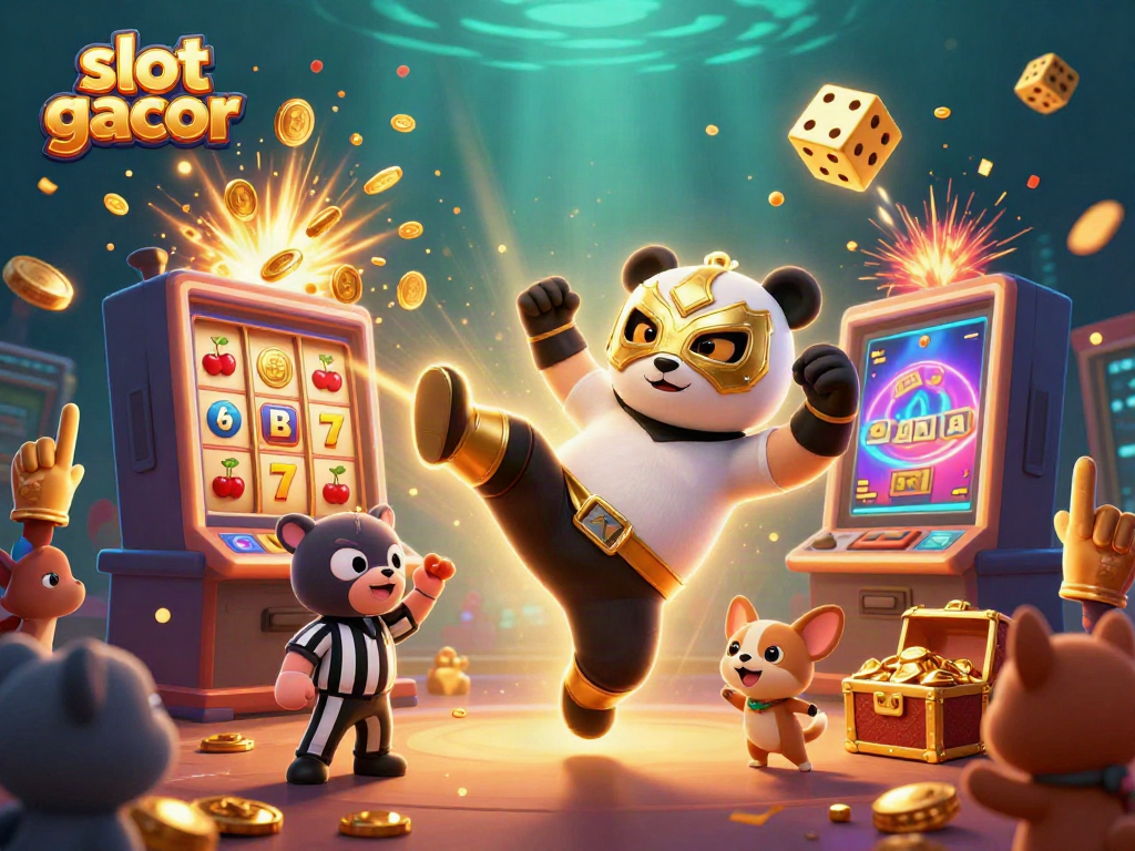 Experience thrilling wins with slot gacor as a wrestler panda kicks through a casino showdown!