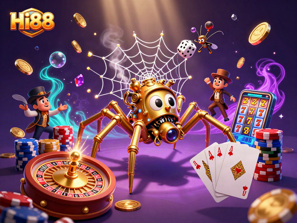Hi88 brings you a vibrant 3D casino scene with golden coins and dynamic game elements.