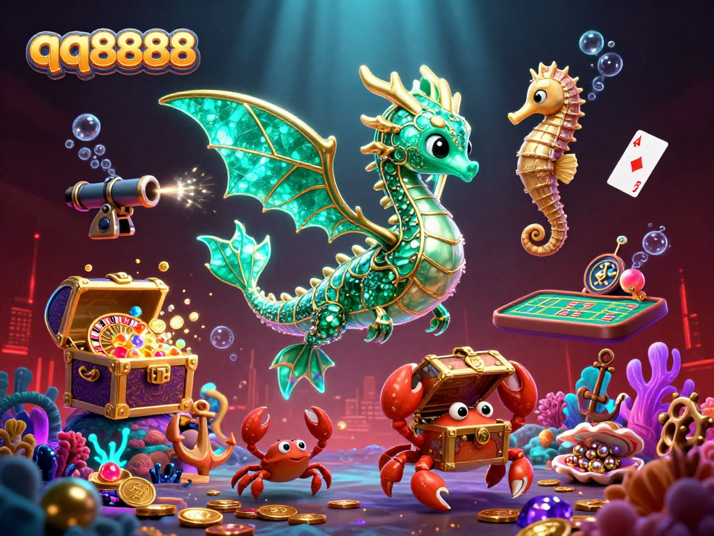 Enhance your gaming experience with qq8888's vibrant underwater casino illustration featuring immersive games and treasure.