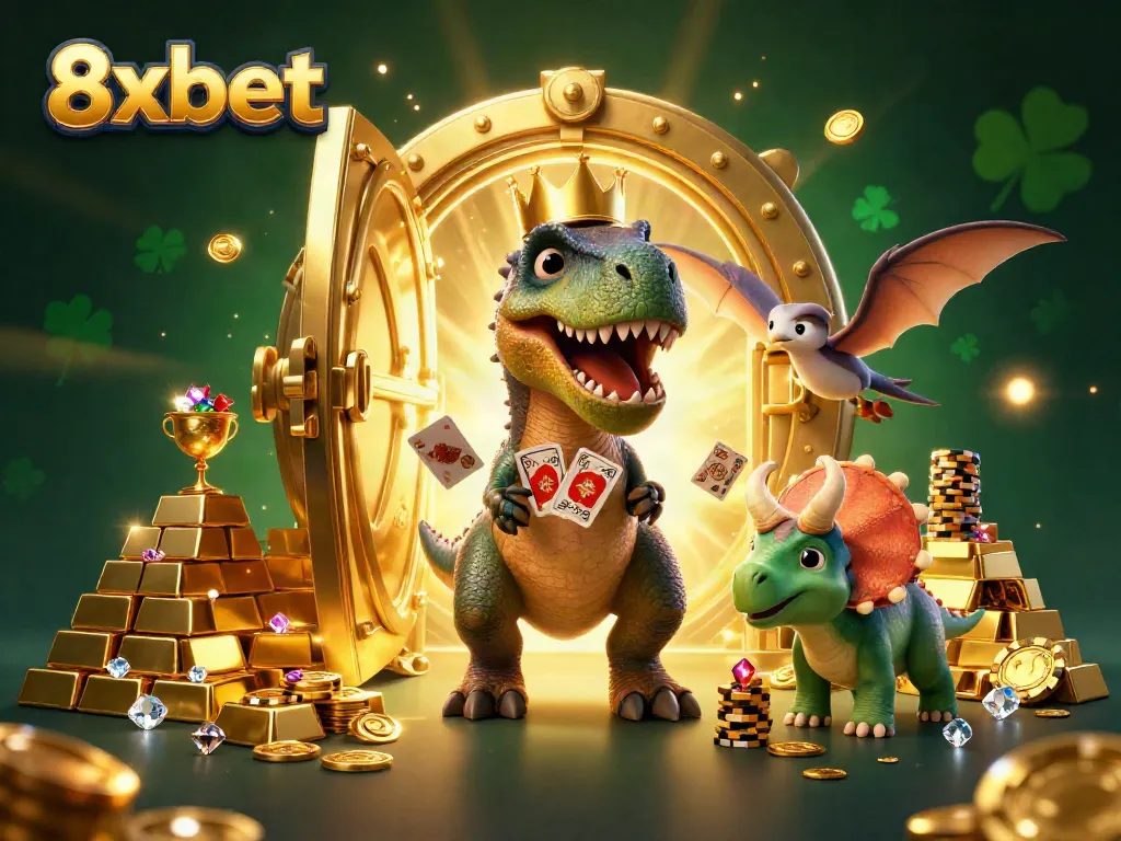 Engage with 8xbet's exciting 3D casino world featuring animated characters and dazzling treasures.