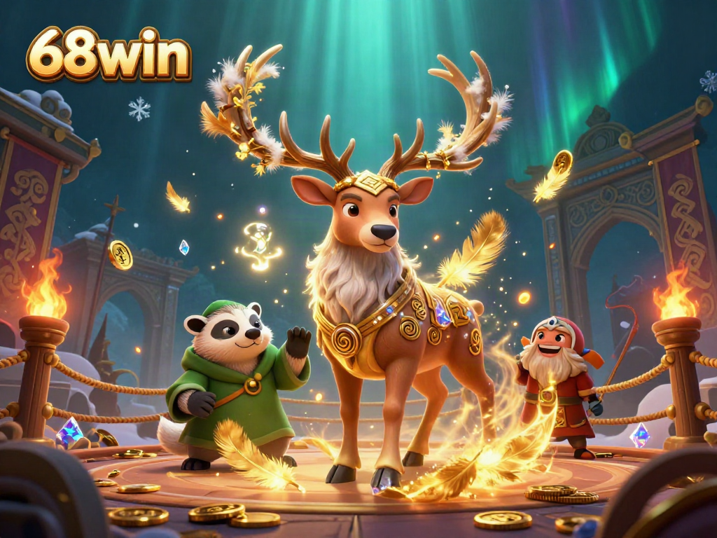 Experience the thrilling world of 68win with vibrant casino elements and mystical characters.