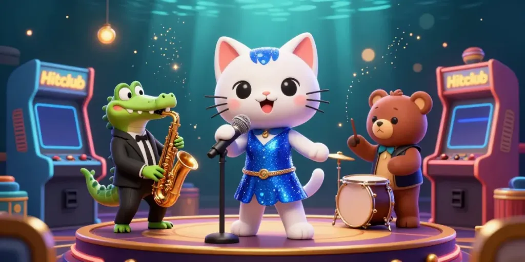 Engage with Hitclub's vibrant gambling atmosphere featuring animated characters in a casino scene.
