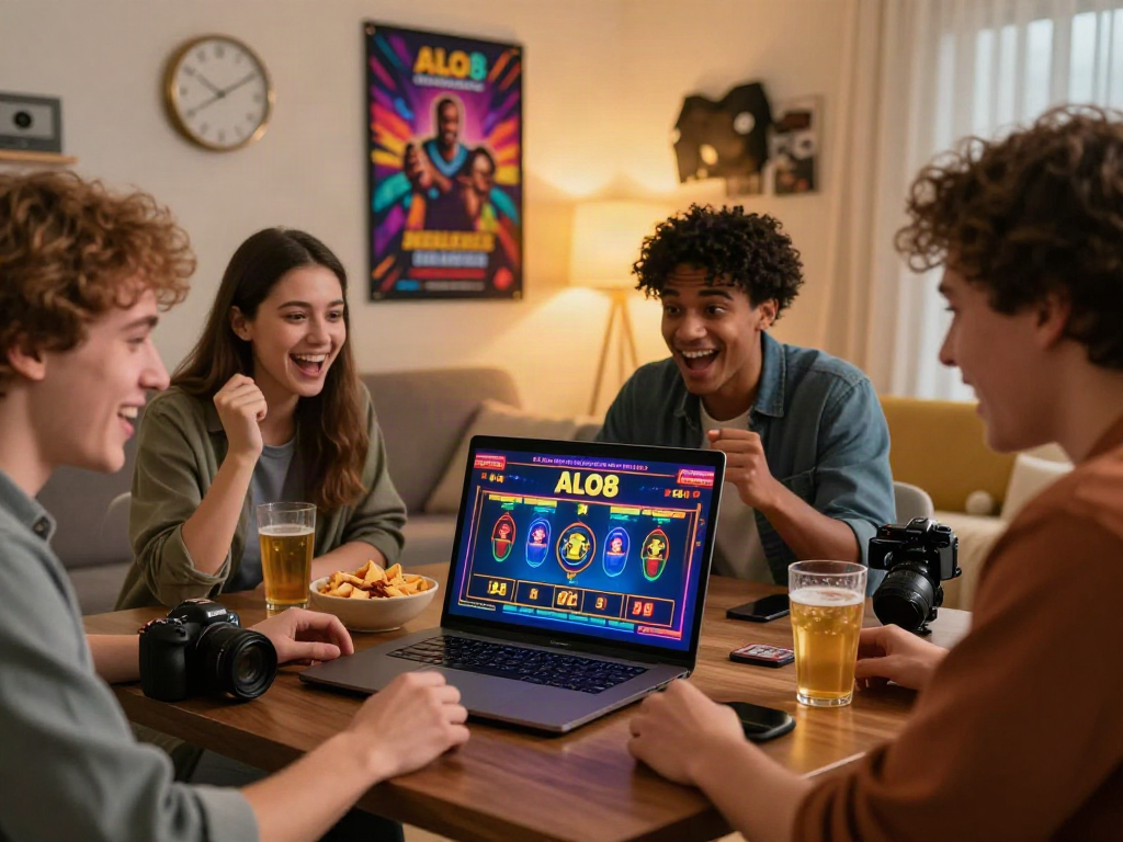 Friends enjoying online gaming on ALO8 platform with snacks and drinks in cozy living room