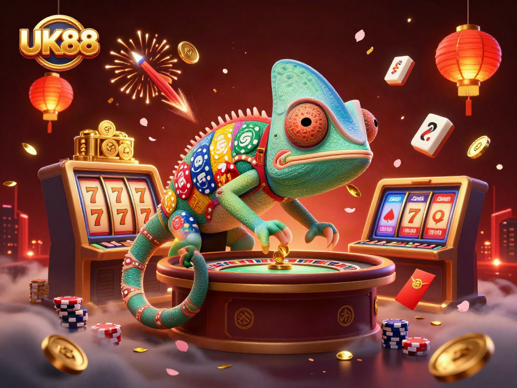 Experience the excitement of UK88 with a dynamic casino scene featuring games and vibrant elements.