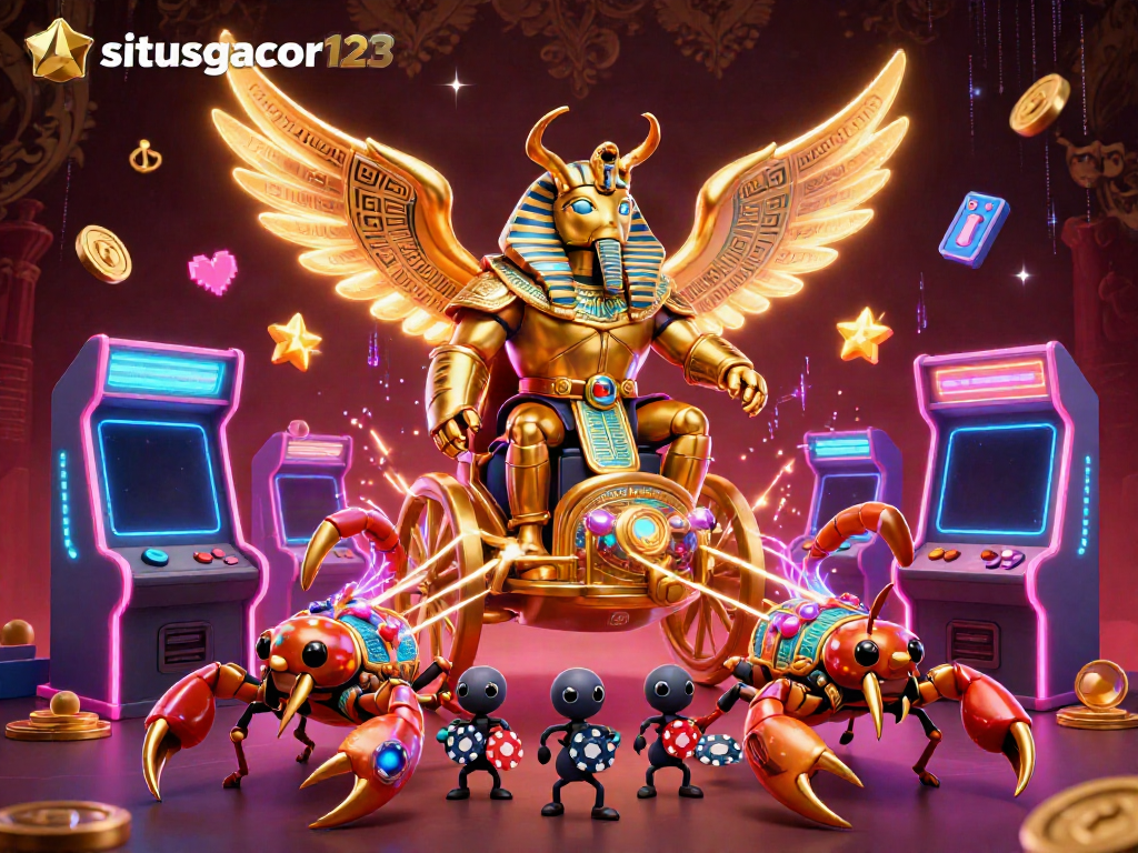 Engage with situsgacor123 while enjoying a dynamic casino gaming scene featuring a golden scarab and arcade elements.