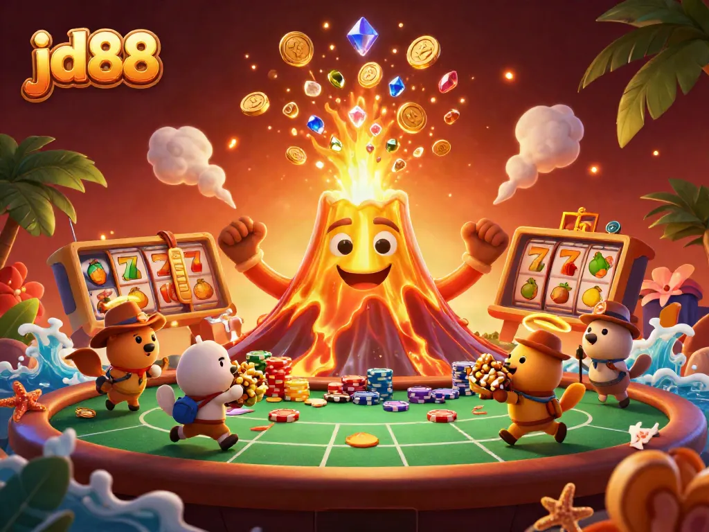 Engage with the thrilling jd88 experience as the golden volcano erupts treasures in a captivating casino scene.