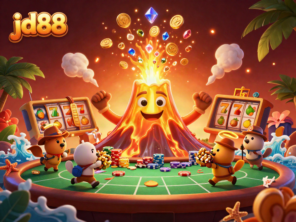Engage with the thrilling jd88 experience as the golden volcano erupts treasures in a captivating casino scene.