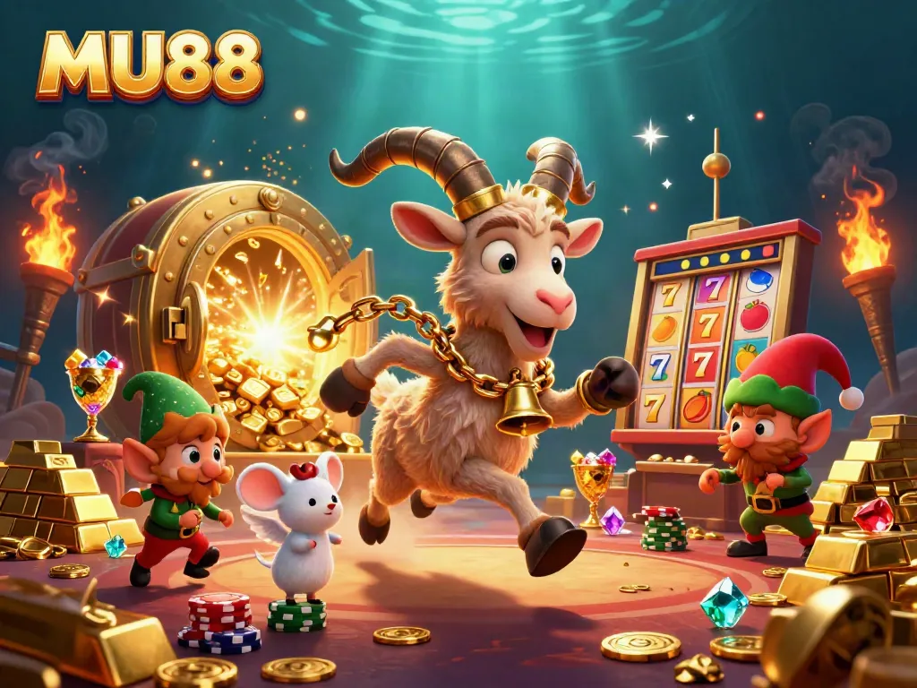 Experience the thrilling MU88 casino scene with lively characters and dazzling slot elements.